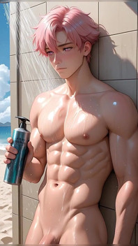 Weicher kawaii junge in der stranddusche mit pastellrosa haaren