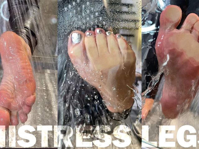 Sexy Wet Bare Foot Pressed Against Glass in Shower (Mistress Legs)