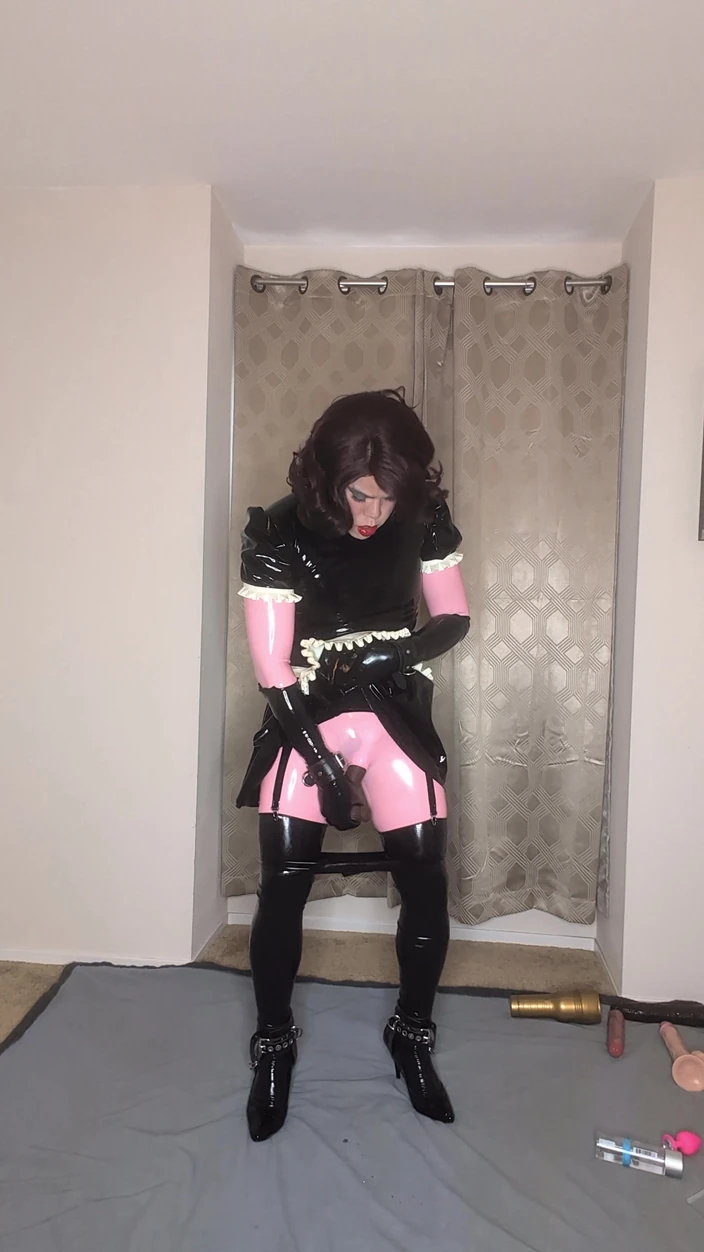 Sissy Candy: Latex Catsuit and Maid Dress Sissy Tries to Fuck Both...