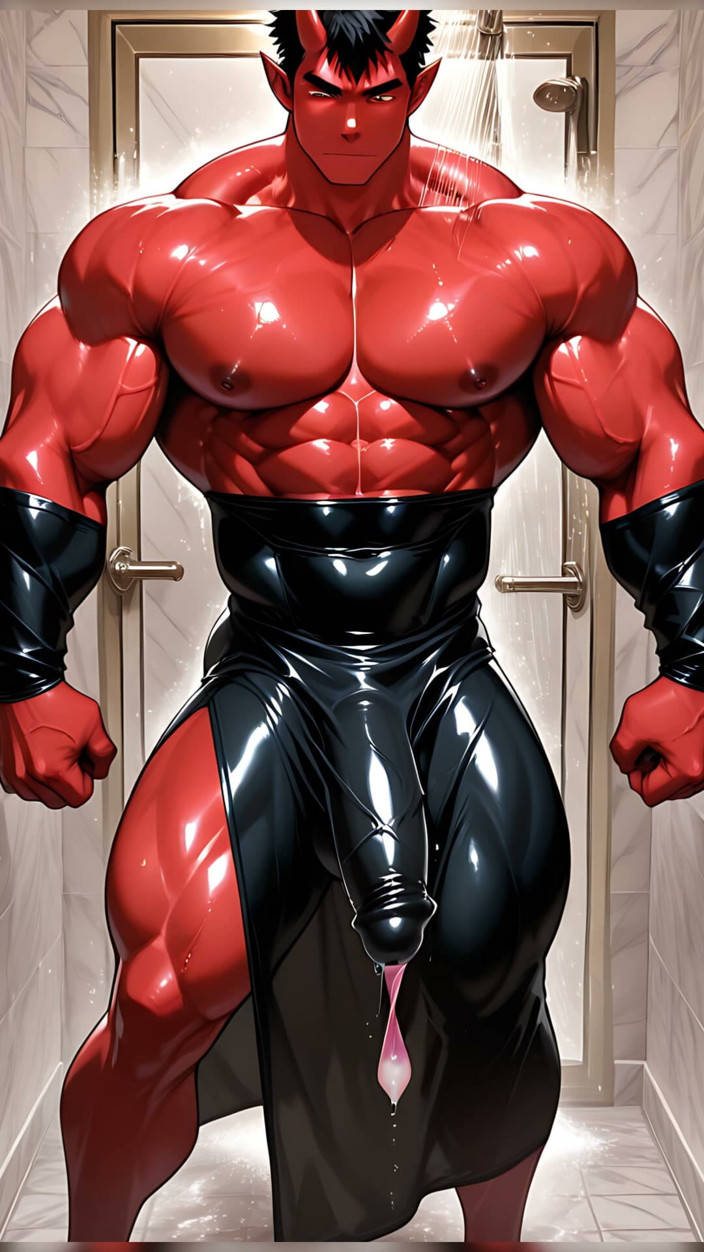 LustMen: Oni Demon Solo Pumping with Condom Stretched Tight in Marble...