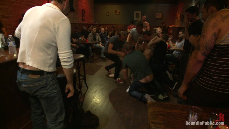 Bound in public: Gangbang and Cum for a Stuck up Go-go Boy