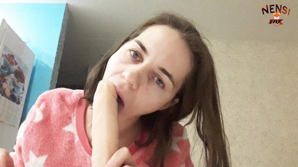 Nensi Fox: Hot sexy brunette passionate dildo sucks and presenting a real...