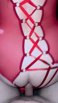 A Girl From Behind in a Bright Red Outfit