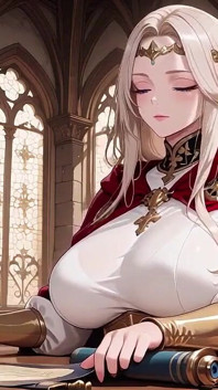 Languid Reading in a Gothic Library, White Robe and Red Cape, Hand Resting Gracefully with Half-closed Eyes.