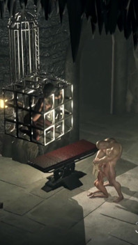 Mooi tienermeisje wordt hard geneukt door een groot monster in de donkere kerker