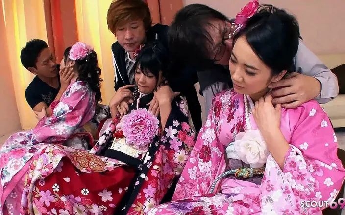 Asian porn collection: Rare Japanese Orgy with Three Cute JAV Teens with Hairy...
