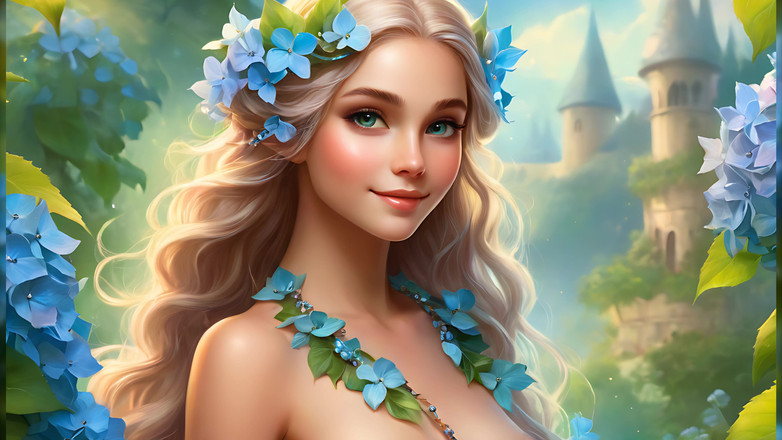 LustRender: Nackte Schönheit hält himmelblaue Hydrangea | Jade grüne Diamant Eleganz | Künstlerische...