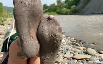 Goddess Shows You Her Messy Nylon Feet Close Ups in Torn Pantyhose on the River Bank