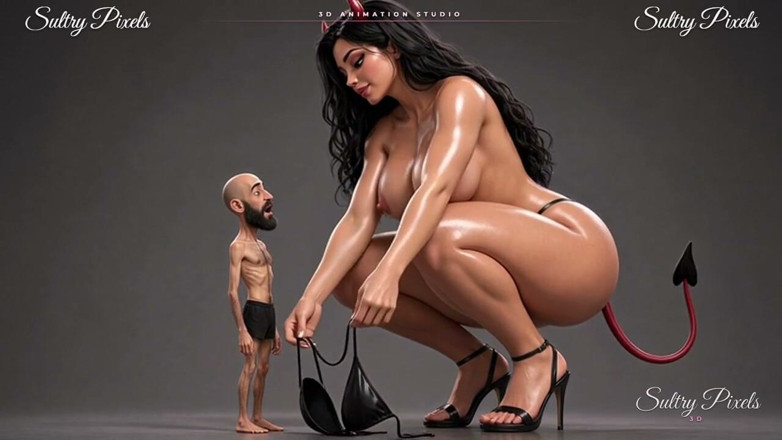 Sultry Pixels 3D: विशाल वह-शैतान अपने छोटे दाढ़ी वाले आदमी के लिए टॉपलेस कपड़े उतारती है - वह उसकी ऊँची एड़ी के जूते चूमता है