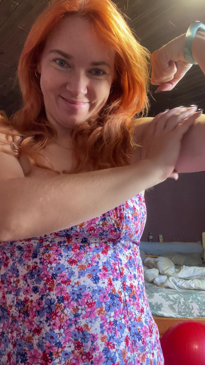 Hairy couple: Redhead Woman in Pretty Dress Showing Her Muscles and Tits,...