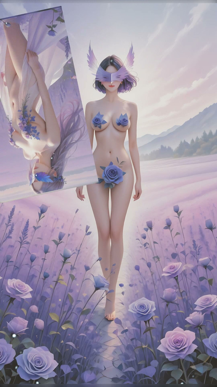 LustRender: ラベンダーバラの花の中の裸のミューズ
