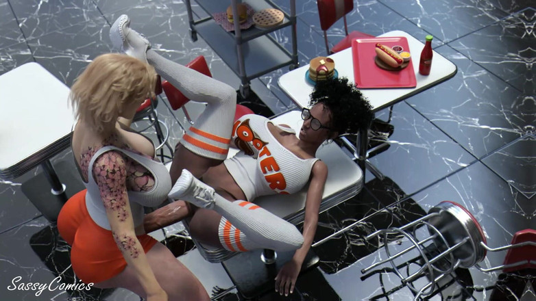 Sassy Comics Trans: Gadis hooters baru dientot anal di meja restoran oleh manajer...