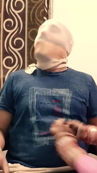 Унижение в бондаже в колготках с капюшоном для мужа с кляпом во рту!