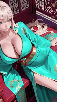 穿着绿色和服的金发女郎！懒惰的露台阅读，脱肩设计太罪了！