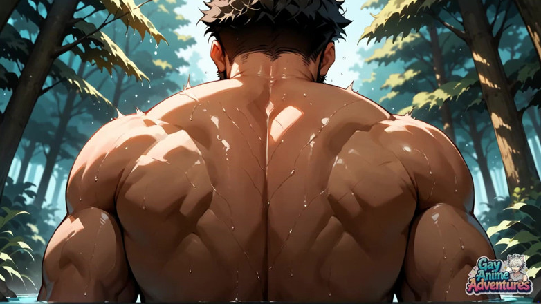 Gay Anime Adventures: A Muscle Guy Showcases off His Cumshot in a Sun-dappled...