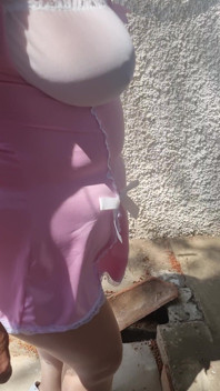 Outdoor Piss Slut in Pink Babydoll & Tan Tights. I Piss Hard While Walking Then Sitting, Soaking My Tights and White Stilettos.