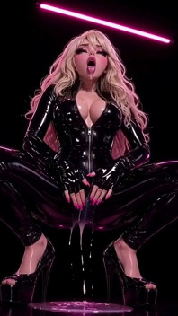3d Anime Blondine bimbo i Latex catsuit, onanerar i rosa Neonljus