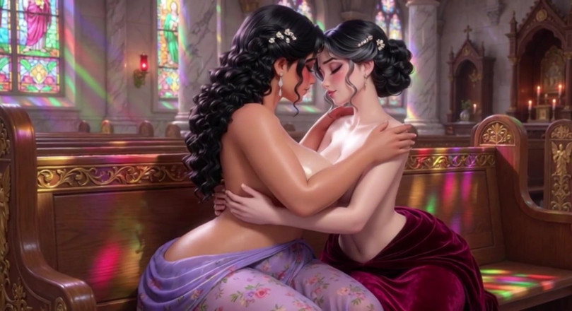 My night collection: 教会で二人の曲線美のあるブルネット女性が、私的な時間にこっそりお互いに搾乳をしている