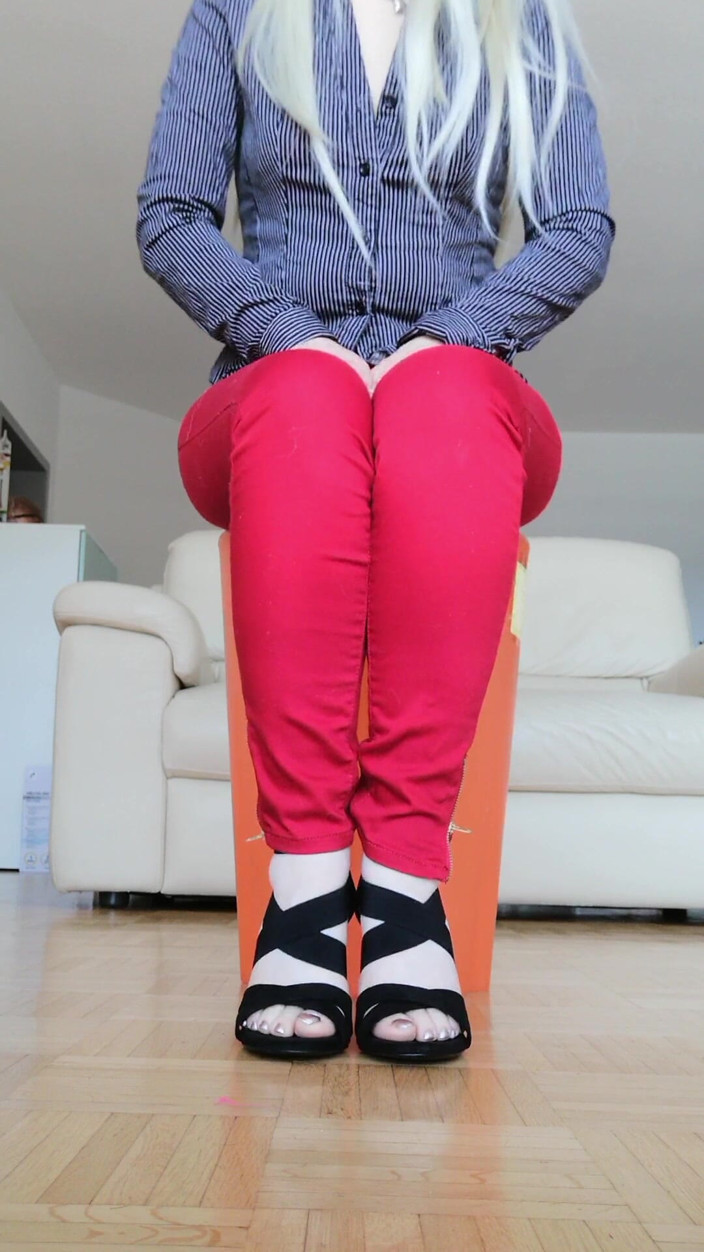 RavenBigAss: Raven Toe-tapping with Crossed Legs Red Jeans and High-heeled Sandals
