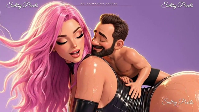 Sultry Pixels 3D: Różowowłosa gigantka anime na czworakach dostaje pocałunek po policzka od...