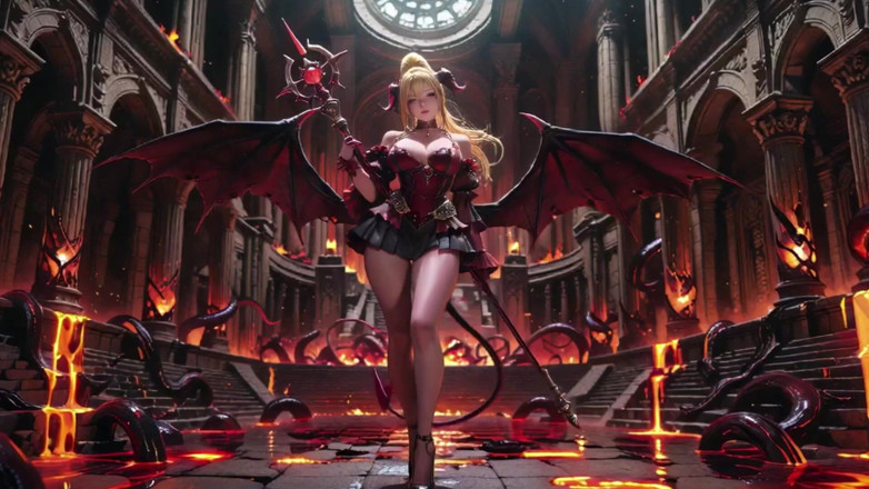 Seraphina Vale: Лава-Трон! Блондинка Demon Queen на коленях и раздвигает свои крылья, ленивый соблазняет стаканом.