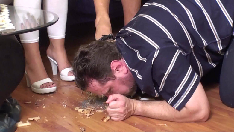 Foot Girls: Feeding him from the floor and their shoes