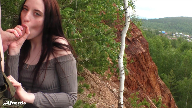 Afemeria: Sensual deep blowjob in the forest with cum in mouth