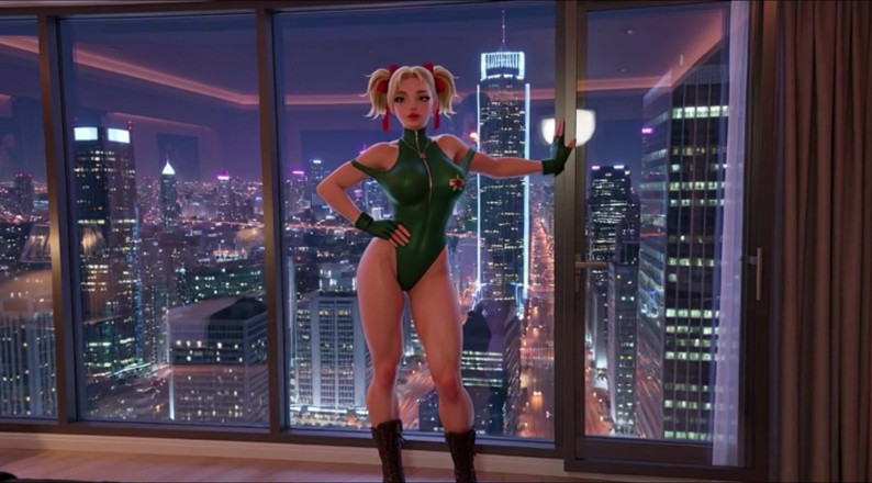My night collection: Cewek cosplay pejuang jalanan cammy perlahan-lahan melepas pakaian hijaunya yang...