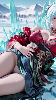 Ice Throne! Silver-haired Mage in Red-green Gown Kneeling, Blue-haired Partner Teasing in Snowy Realm!