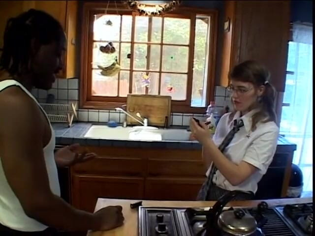 First Black Sexperience: Hot young brunette takes a load on her glasses after...