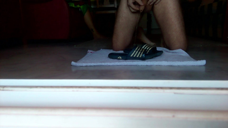 Sex hub male: John is peeing on the bathing slippers on the floor