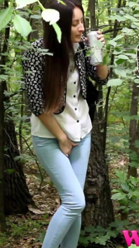 Skinny Brunette in the Woods Desperate to Pee Wet Her Pants