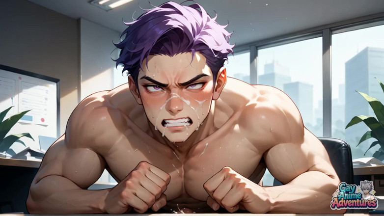 Gay Anime Adventures: Il muscolo arrapato, dai capelli viola dell'ufficio sta spruzzando con...