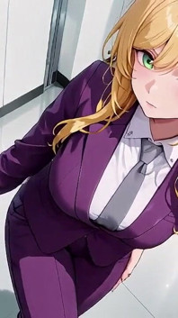 Șefă blondă în costum violet! Momente private în trenul de birou. Ea face multitasking cu fișiere în timp ce își ajustează în secret fusta...
