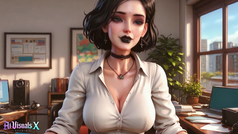AI Visuals X: Every Boss’s Dream - Goth Secretary Relaxes Him Before the Meeting (ai...