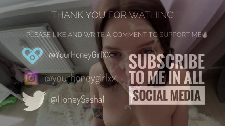 Honey Sasha: 보짓물 가득한 오럴 후 정액으로 귀여운 얼굴을 채웠다. 딥 스로트