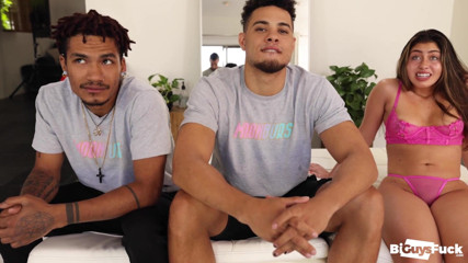 Bi Guys Fuck: PAWG teen Enola's cheeks clapped by two bbc bi-guys!