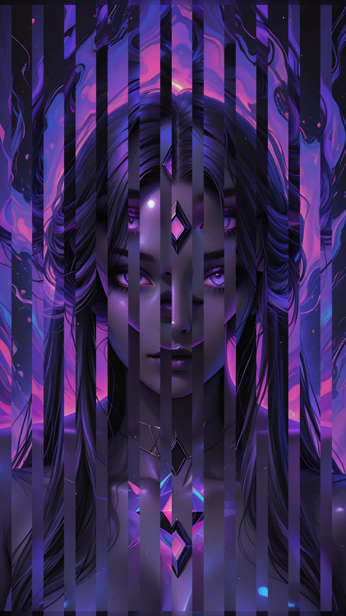 VelvetInk Studio: Zeița cosmică mistică cu ochi strălucitori violeti dark fantasy Ai...