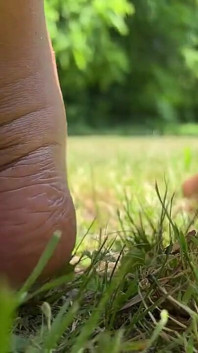 Une belle-mère aux pieds nus dehors joue dans l’herbe