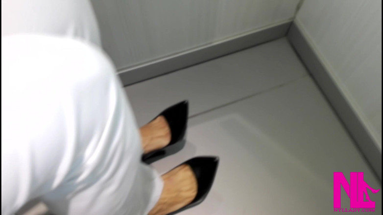 Nyllady: Dangling and Shoeplay in Black Pattent Pumps in a Store...
