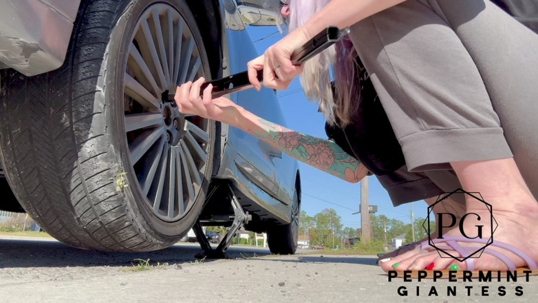 Peppermint Giantess: 67 Tall Amazon Goddess Changes Her Tire - Big Feet in...