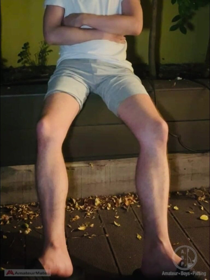 AmateurBoysPissing: Amateur Twink in Adilette Sandals Wets Himself in the Garden...