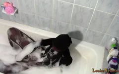 Sexy Louise, totally encased in pantyhose getting a bath