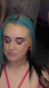 Fat Sluts with Blue Hair Love Kneeling in Front of Hard Cock Dudes