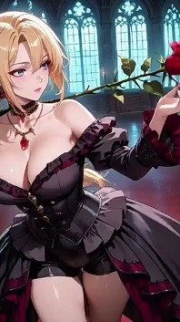 Blonde in a Black Gown Swaying on Red Velvet, Candlelight Gaze and Fan Teasing the Collarbone