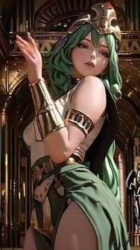 Green-haired Egyptian Queen! Kneeling in the Golden Hall, Guarded by Sphinxes.