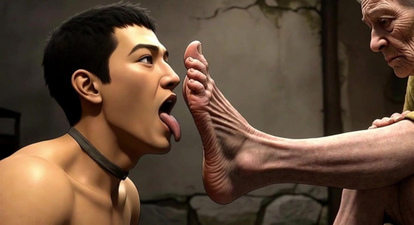 YOUR BEST FANTASY: Male Slave Licking 90 Year Old Granny Wrinkled Feet - Horny Mistress