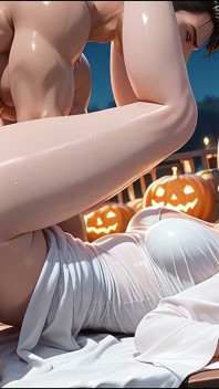 A garota coleciona doces com a frase doce ou sexo na versão IA de Halloween