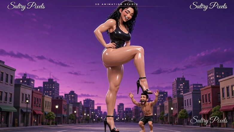 Sultry Pixels 3D: Awek Gergasi Berminyak Dalam Menara Kasut Tumit Tinggi Atas Seorang...