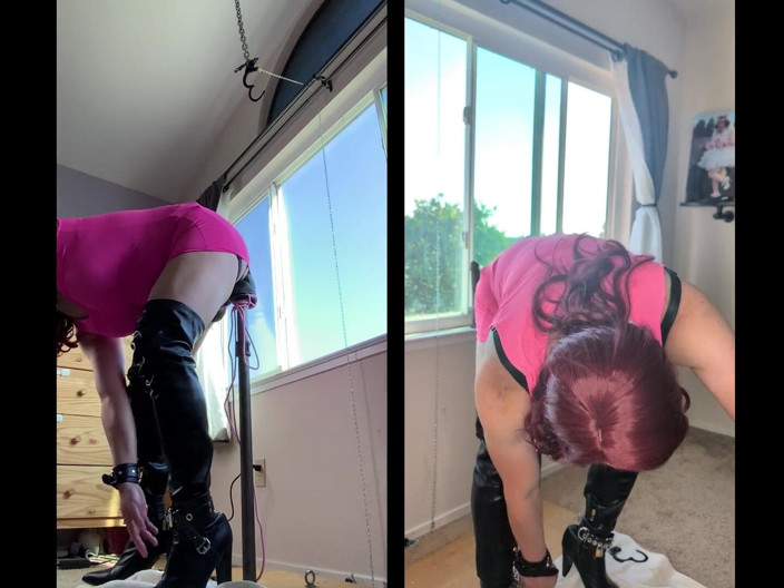 Sissy Candy: 娘娘腔被锁在贞操带和用巨大的假阳具束缚在她的岗位上